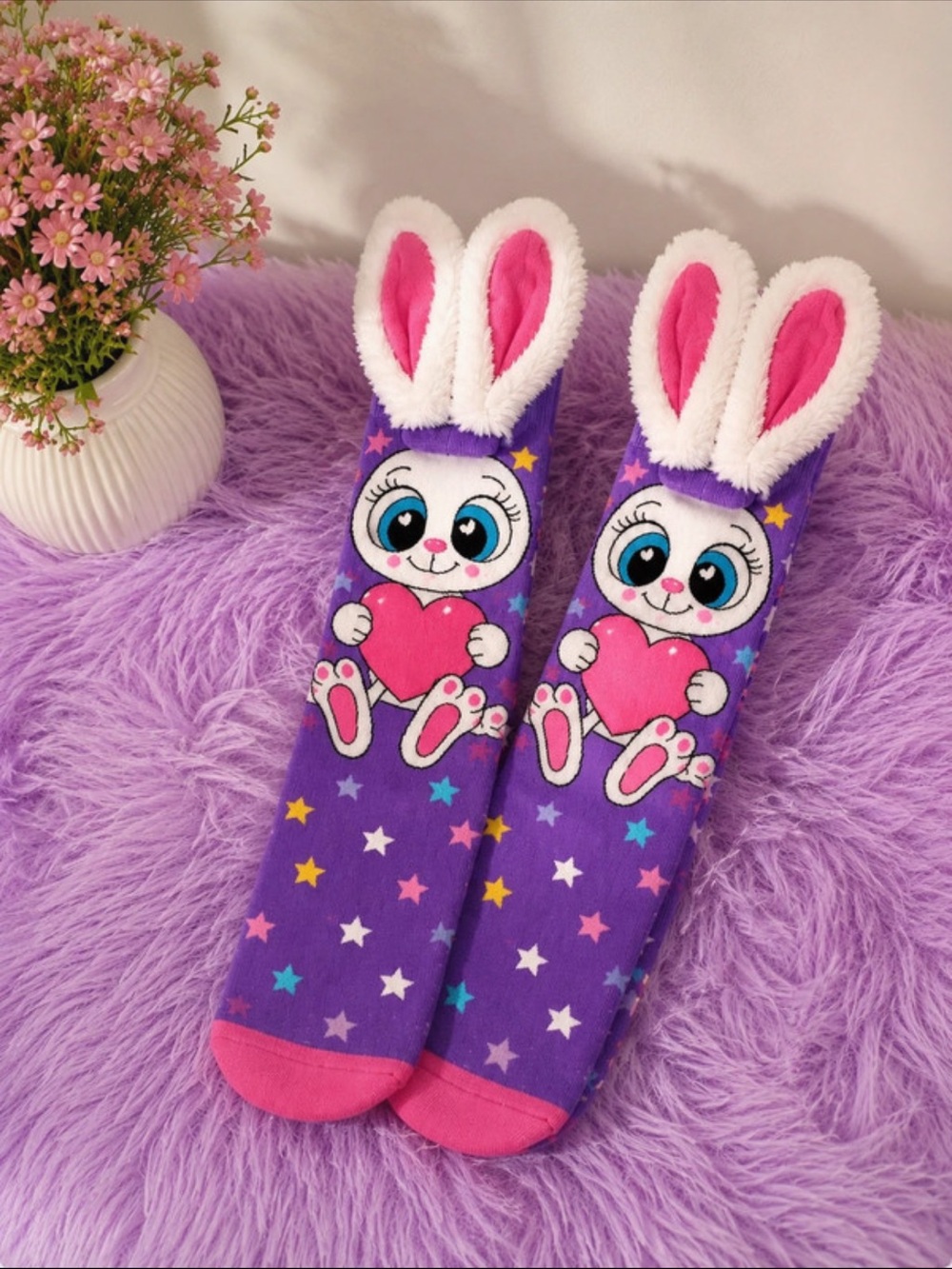 Girls Purple Bunny Heart Crew Socks with Pink Accents